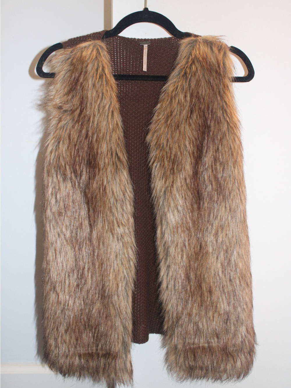 Poof! Apparel Brown Faux Fur Vest with Open Knit Sweater Back Size Small